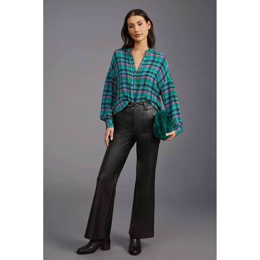 Pilcro Anthropologie Womens Plaid Grunge Button Down Top Boho Balloon Sleeve S